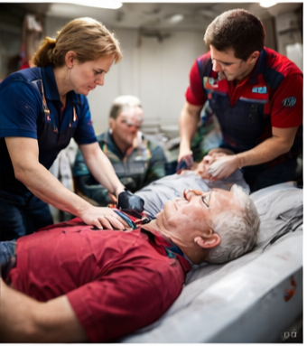 이야기중 갑자기 안면마비에 발음이 어눌해지면서 스러지자 119에 긴급연락해서 출동한 대원들이 환자를 응급 조치하고 바로 뇌졸증 센터가 있는 병원 응급실로 출발 하려는 대원들
이미지 출처: Gemini AI 생성