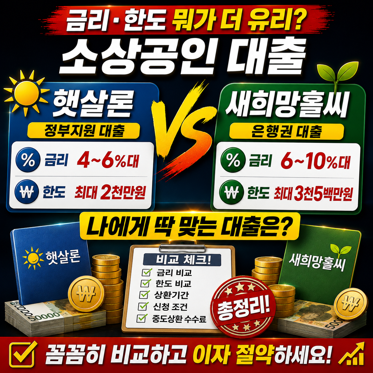 소상공인 햇살론 vs 새희망홀씨 — 금리·한도 뭐가 더 유리