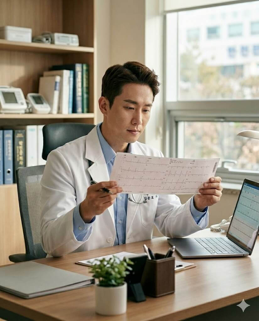 검사결과지를 보고 있는 의사의 모습