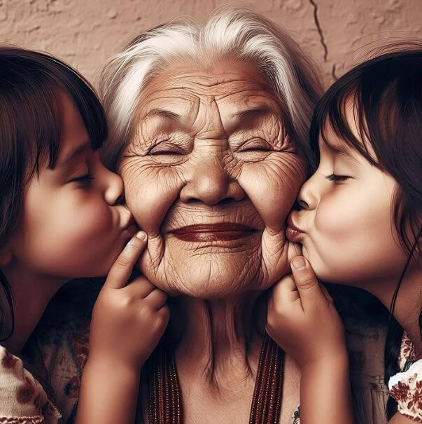 할머니의 뺨에 뽀뽀하는 두 손녀