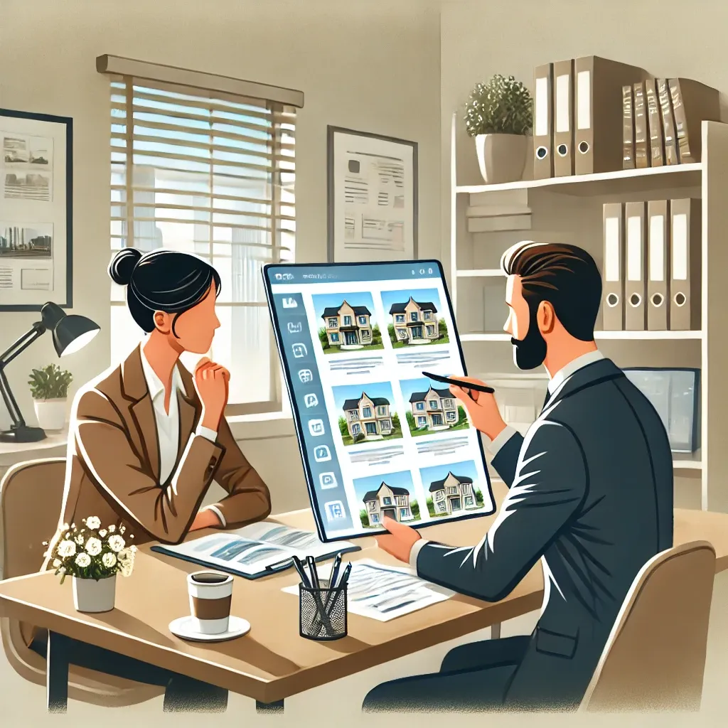 현대적인 사무실에서 태블릿을 보며 상담하는 부동산 컨설턴트와 고객