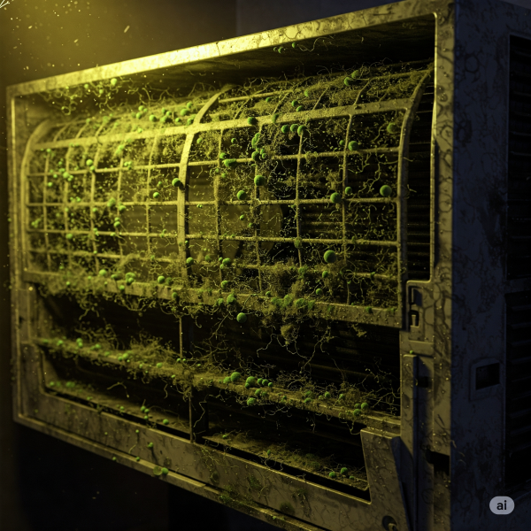 먼지와 곰팡이로 뒤덮인 에어컨 필터와 내부 부품의 충격적인 모습 - 실내 공기 오염의 주범