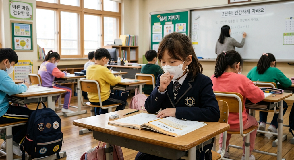 학교에서 기침 증상이 있어 마스크를 착용하고 있는 어린이의 모습