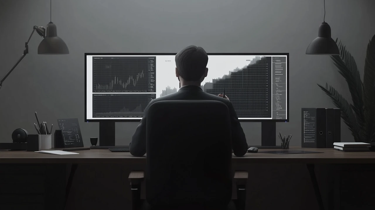 투자가가 듀얼 스크린 모니터에서 ETF 시장 동향을 분석하고 있는 장면. 고급스러운 사무실에서 밝고 세부적인 데이터 중심 환경이 조성되어 있으며, 2025년 연금 테마형 ETF 종목 분석이 이루어지고 있습니다.