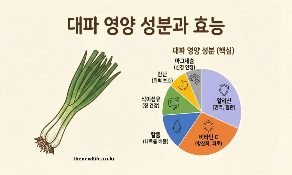대파 효능을 뒷받침하는 주요 비타민과 미네랄 영양 성분을 도표로 정리한 인공 이미지
