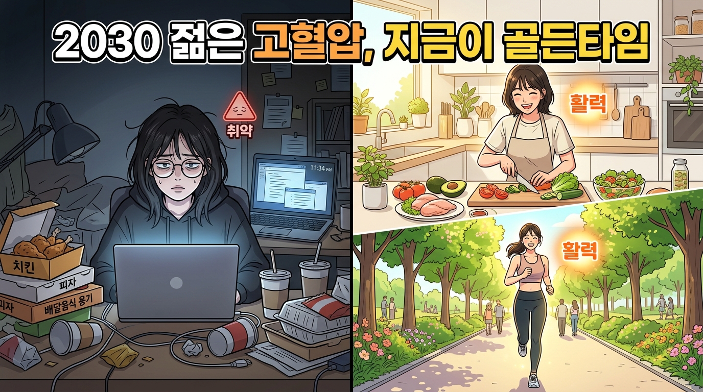 불규칙한 생활과 배달 음식으로 건강을 해치던 모습과, 식단 개선 및 운동을 통해 활력을 되찾은 2030 직장인의 모습을 대비적으로 표현한 일러스트레이션. '2030 젊은 고혈압, 지금이 골든타임'이라는 문구를 통해 조기 관리의 중요성을 강조함.