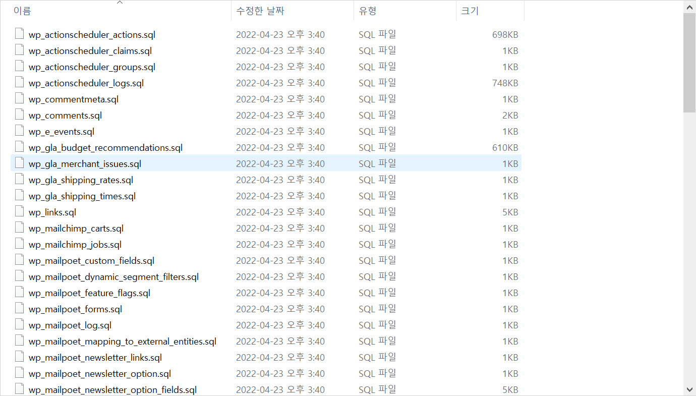 워드프레스닷컴 Jetpack 백업 기능 참고 사항 - 백업된 DB 파일