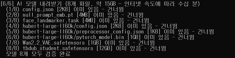 모델 파일 8개를 이미 받아 둬서 전부 건너뛰고 검증만 하는 설치 화면