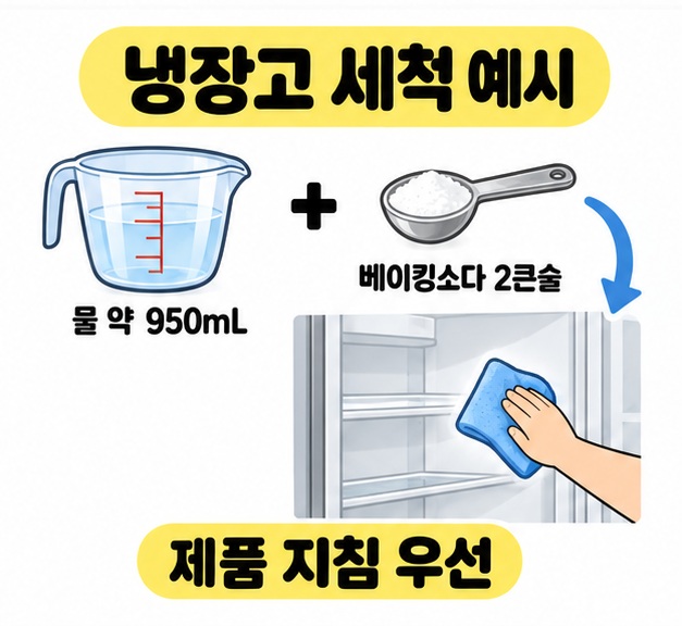 냉장고 세척 예시로 물 약 950mL와 베이킹소다 2큰술을 표시하고 천으로 내벽을 닦으며 제품 지침을 우선하도록 안내한 도식