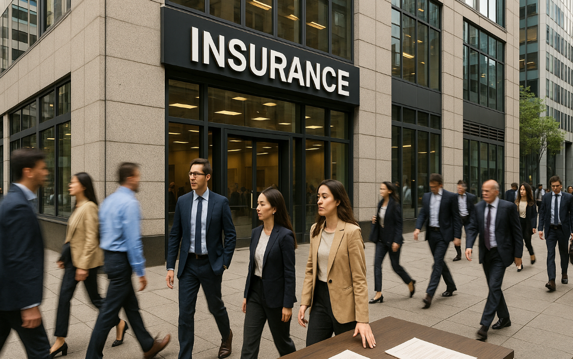 보험회사 빌딩 앞을 바쁘게 오가는 시민들 모습