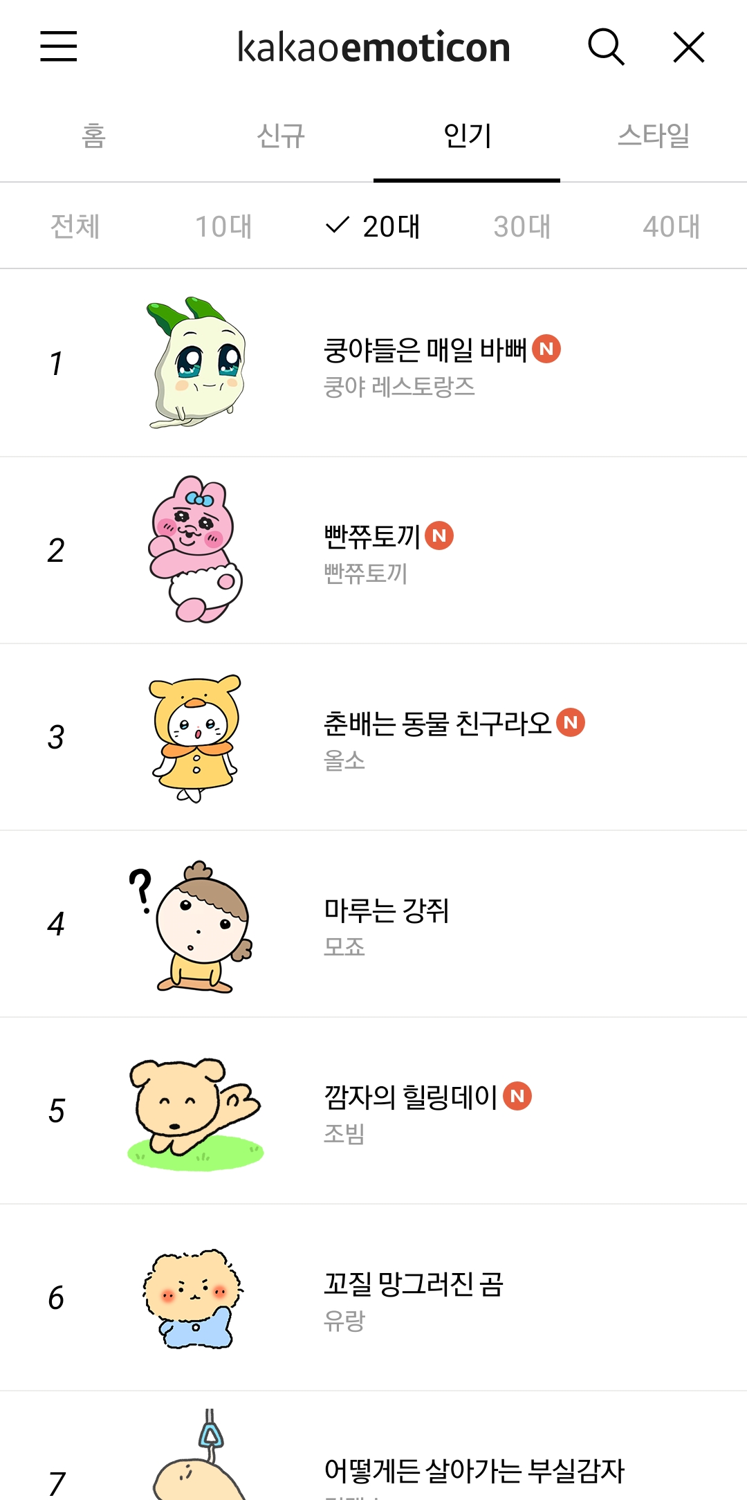 연령대별 인기 이모티콘 순위 확인