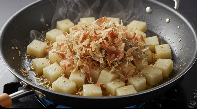 무우와 북어 등의 재료를 볶고 있는 이미지