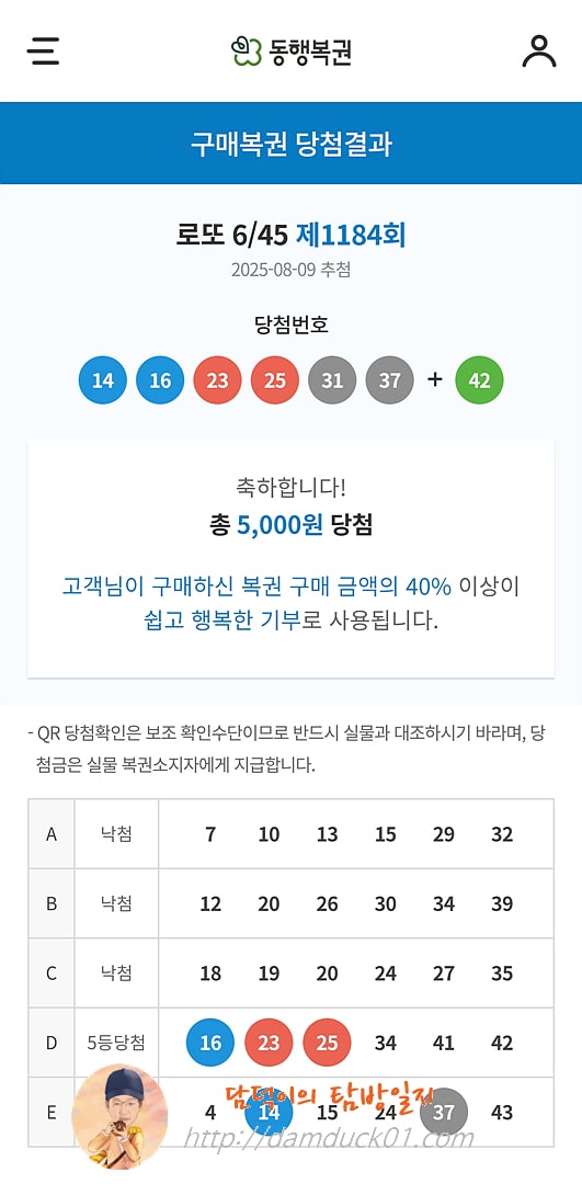 로또 6/45 제1184회 결과