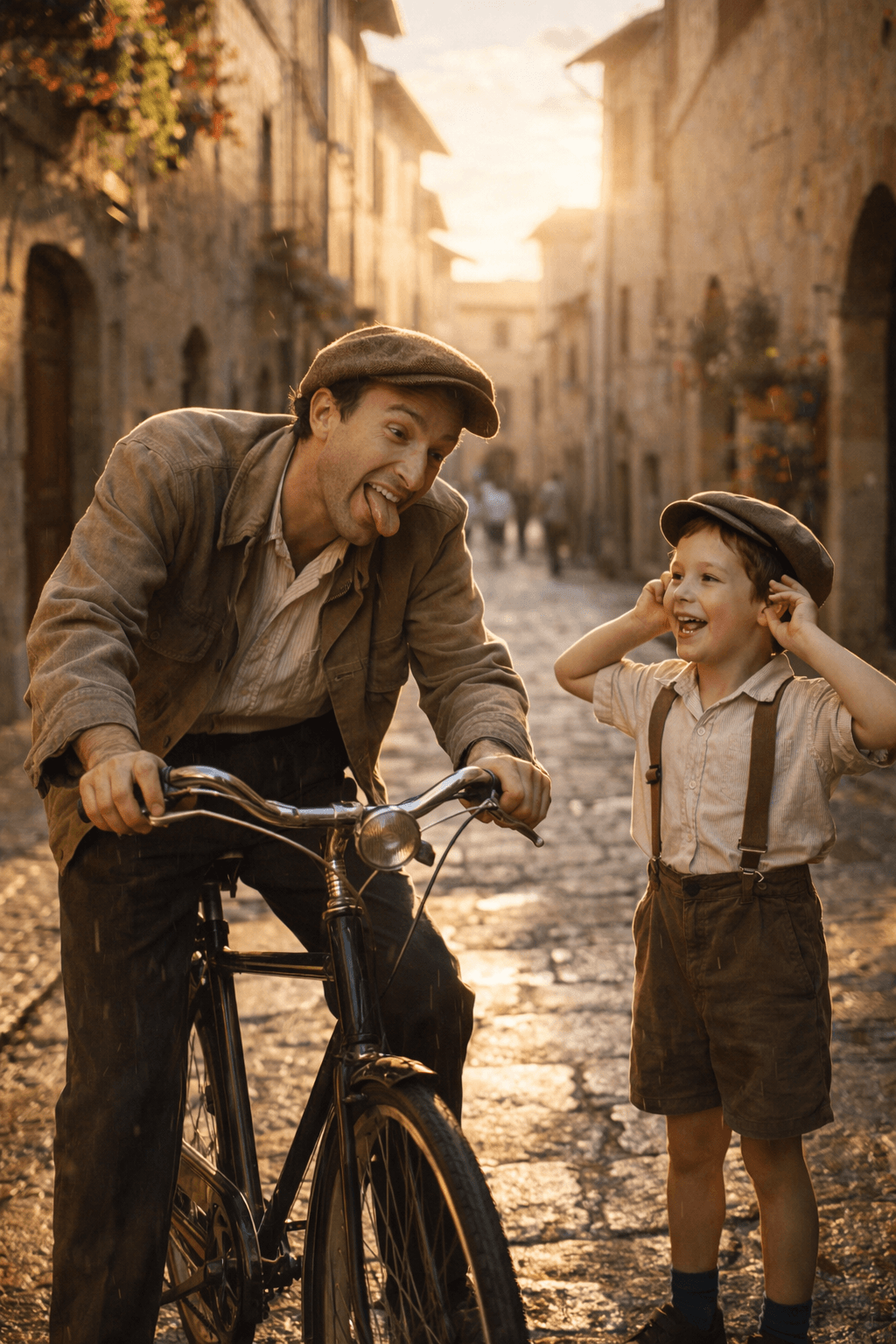 햇살 가득한 이탈리아 거리에서 아버지와 아이가 함께하는 장면을 통해 따뜻한 감동을 표현한 이미지