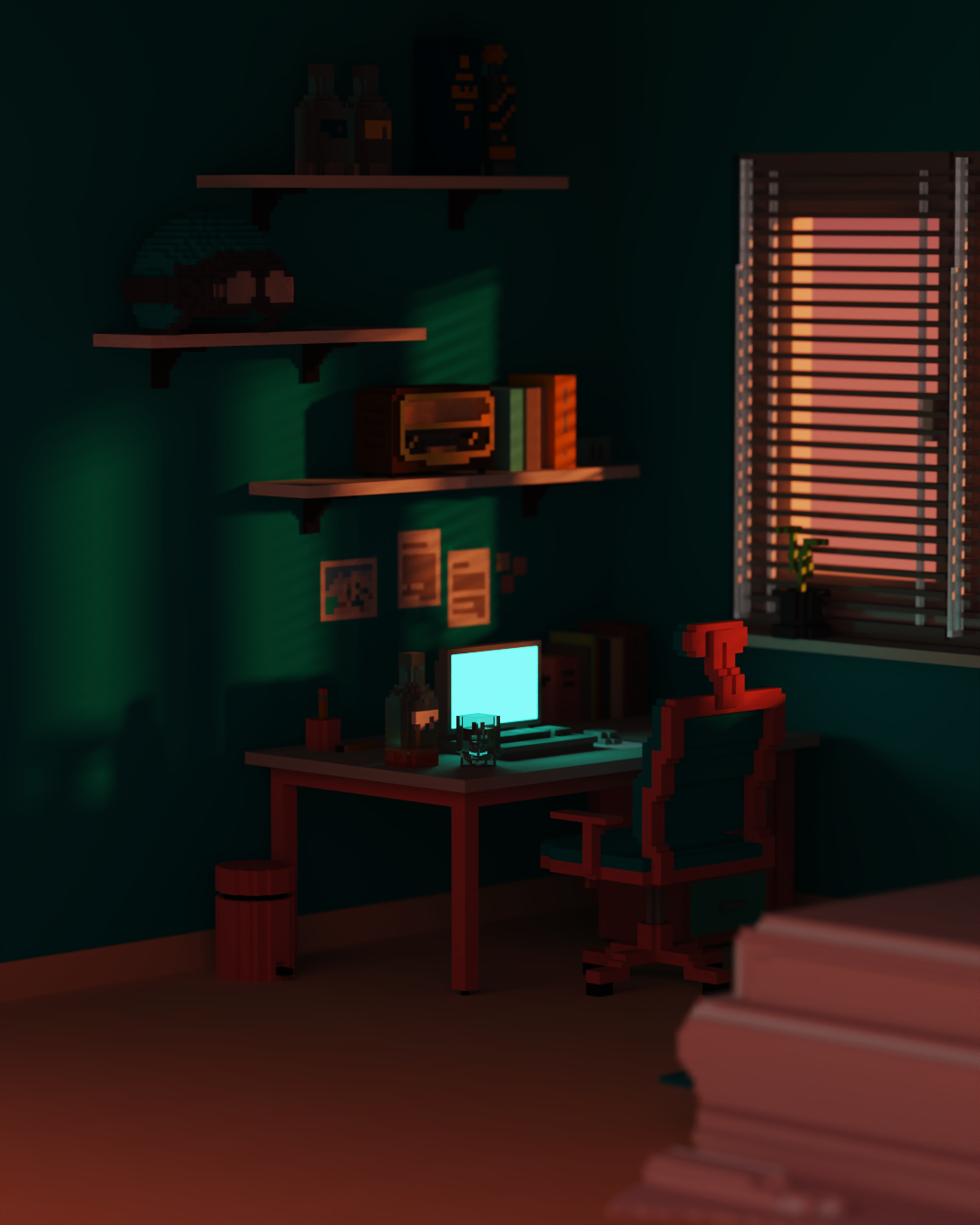 quiet evening, room, sunset, laptop, whiskey, voxel