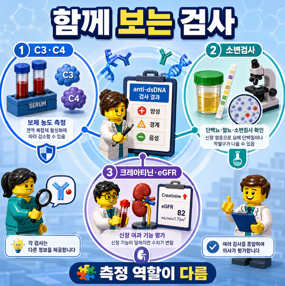 anti-dsDNA 결과를 보체 C3&middot;C4, 소변검사, 크레아티닌&middot;eGFR과 함께 확인하는 이유를 설명하는 의료 인포그래픽