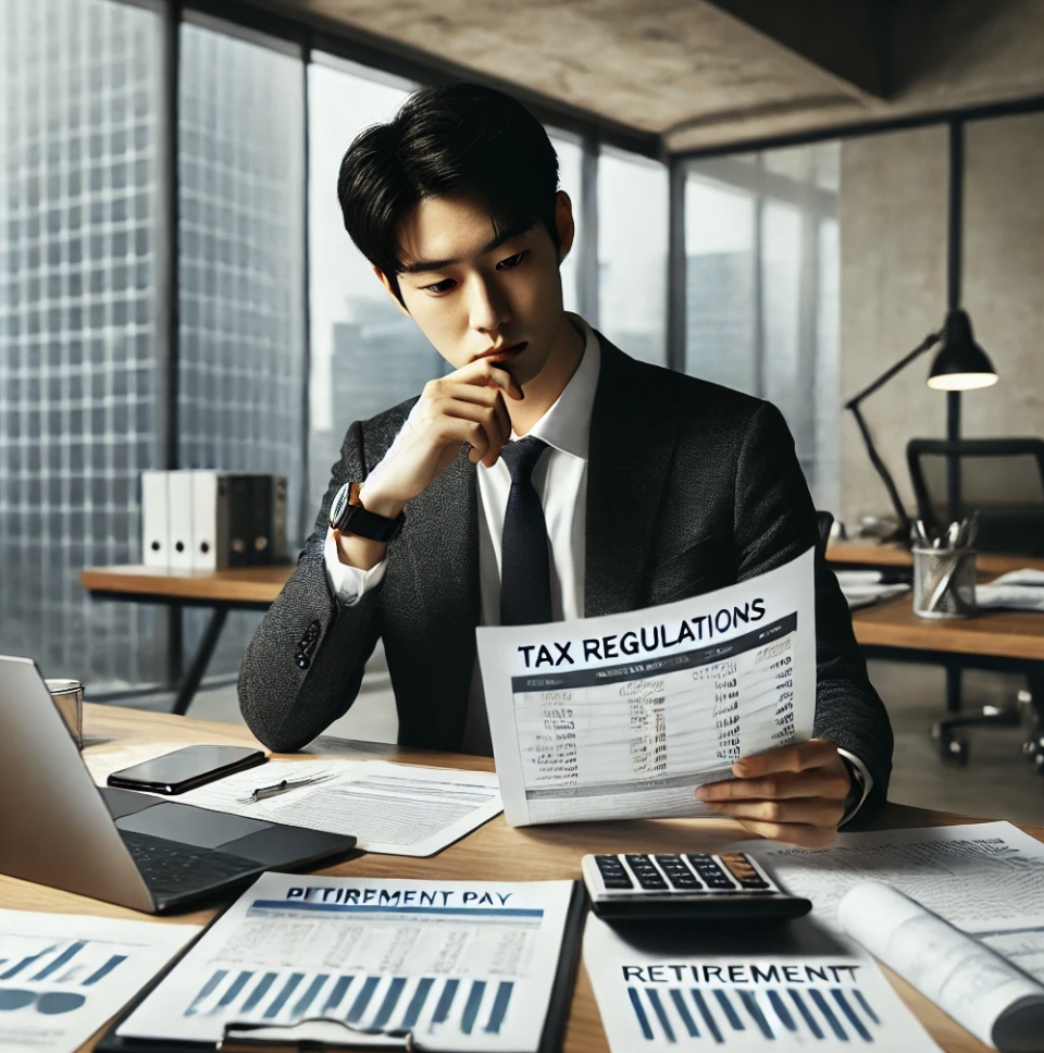 세무규정과 퇴직급여 서류를 검토하는 임원