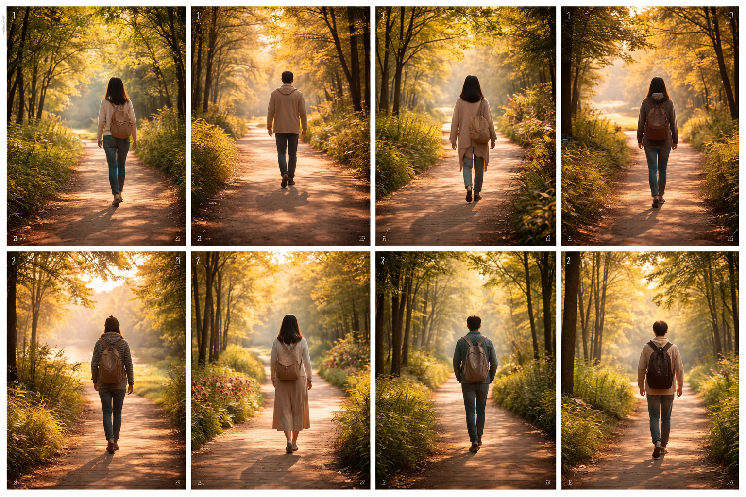 혼자 자신의 속도로 걷고 있는 조용한 산책로의 모습