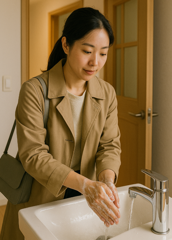 일교차 적응을 위해 외출 후 손을 씻는 모습