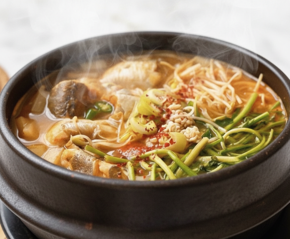 뚝배기에 담긴 얼큰한 매운 대구탕 황금레시피 이미지.