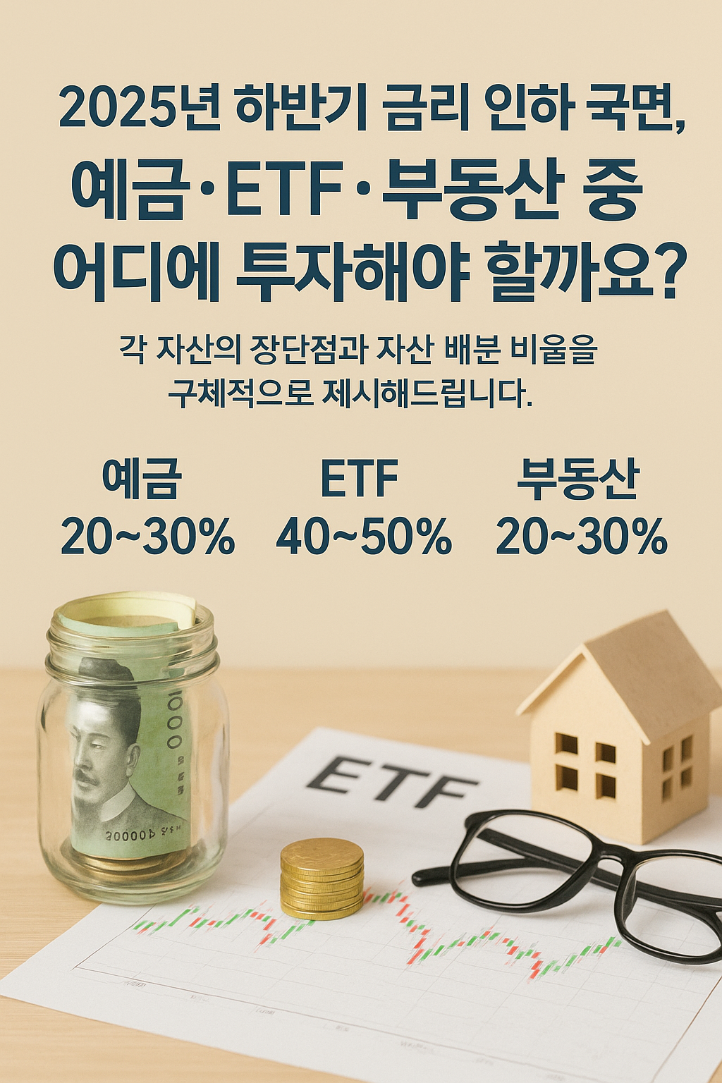 2025년 하반기 금리 인하 국면에 대비한 자산 배분 전략 제시 이미지. 예금 $20\sim30\%$, ETF $40\sim50\%$, 부동산 $20\sim30%$의 추천 투자 비율이 명시되어 있으며, 돈, ETF, 주택 모형 이미지가 하단에 있습니다