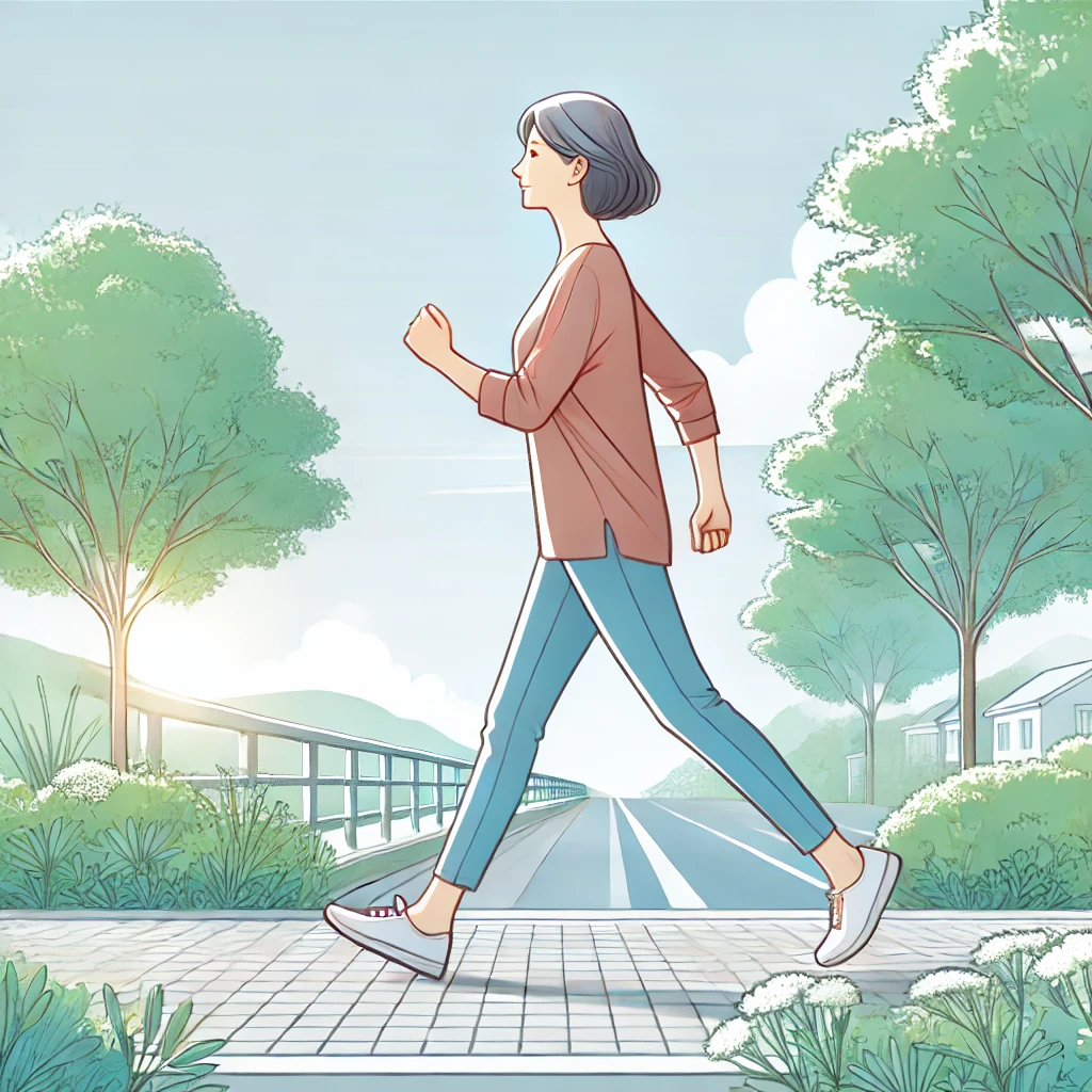 중년의 여성이 빠른 걸음