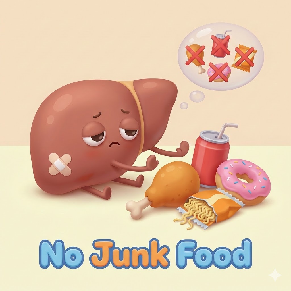 반창고를 붙인 귀여운 간 캐릭터가 탄산음료, 치킨 등 간에 안 좋은 음식들을 피하고 있는 3D 카툰 이미지