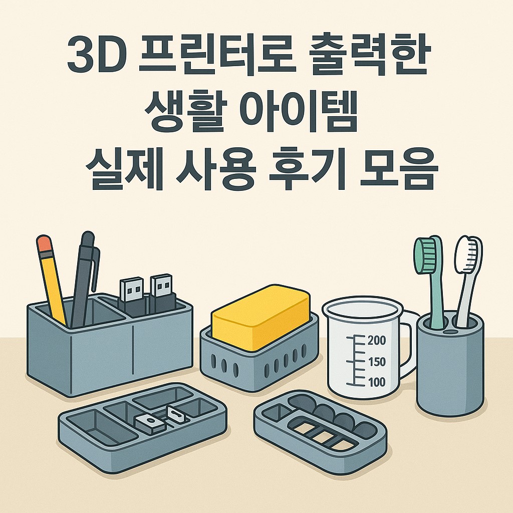 3D 프린터로 출력한 생활 아이템 실제 사용 후기 모음을 주제로 한 대표 이미지 일러스트
