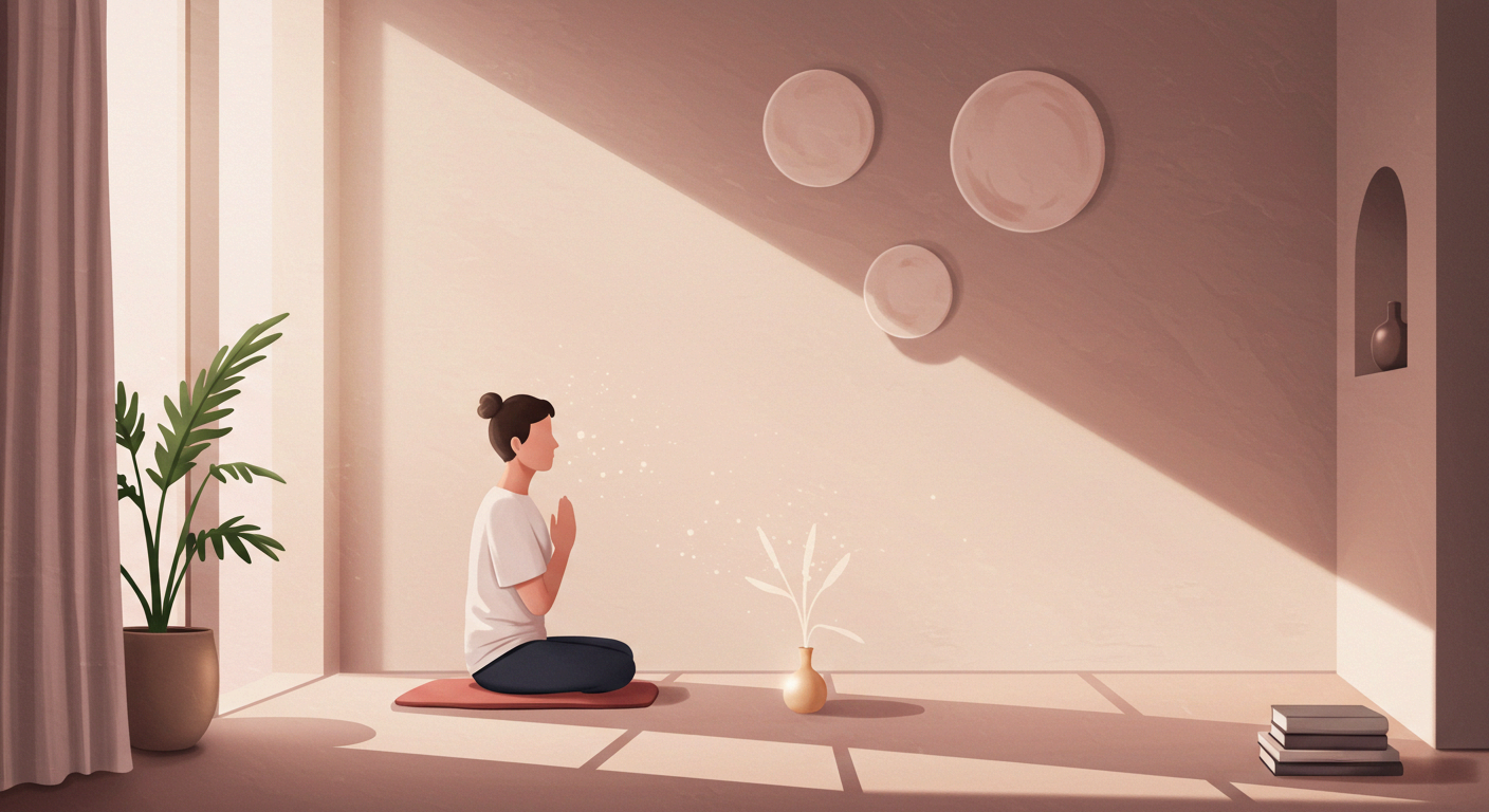 따뜻한 햇살이 들어오는 미니멀한 명상 공간에서 마음을 다스리며 면역력을 높이고 건강한 일상을 유지하는 사람의 모습