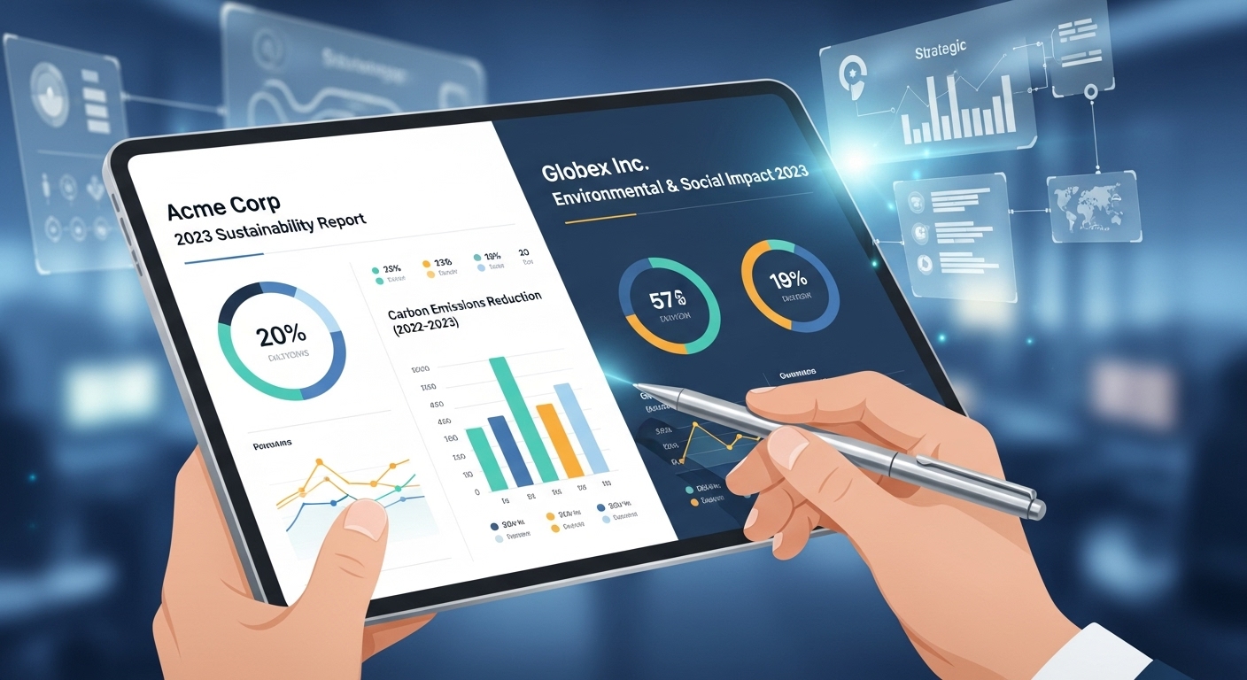 두 기업의 지속가능성 보고서를 태블릿 화면에서 나란히 비교 분석하며 핵심 지표를 살펴보는 손의 이미지.
