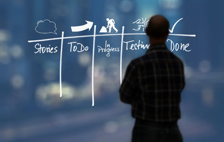 "업무 진행 상태 보드를 바라보며 루틴을 계획 중인 남성, To Do부터 Done까지 단계별로 구성된 플래닝 보드"