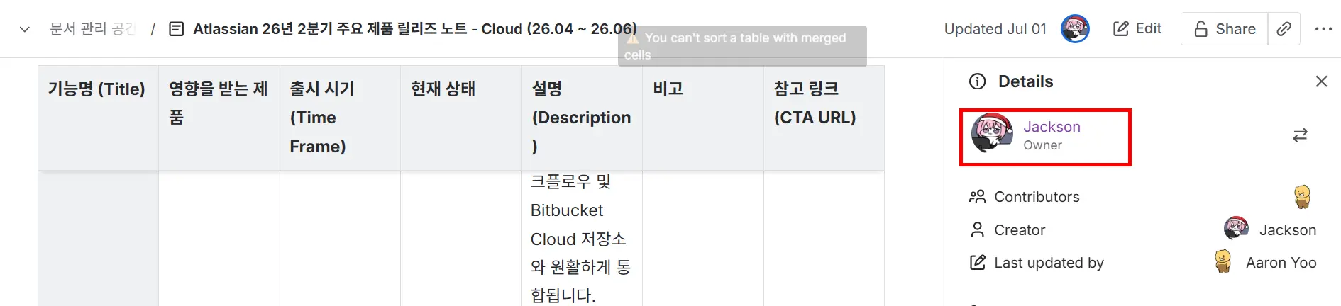 페이지 소유자를 볼 수 있는 컨플루언스의 Details 탭