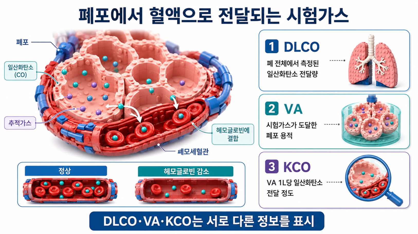 폐포와 폐모세혈관에서 시험가스가 이동하며 DLCO·VA·KCO 차이를 설명하는 의료 인포그래픽