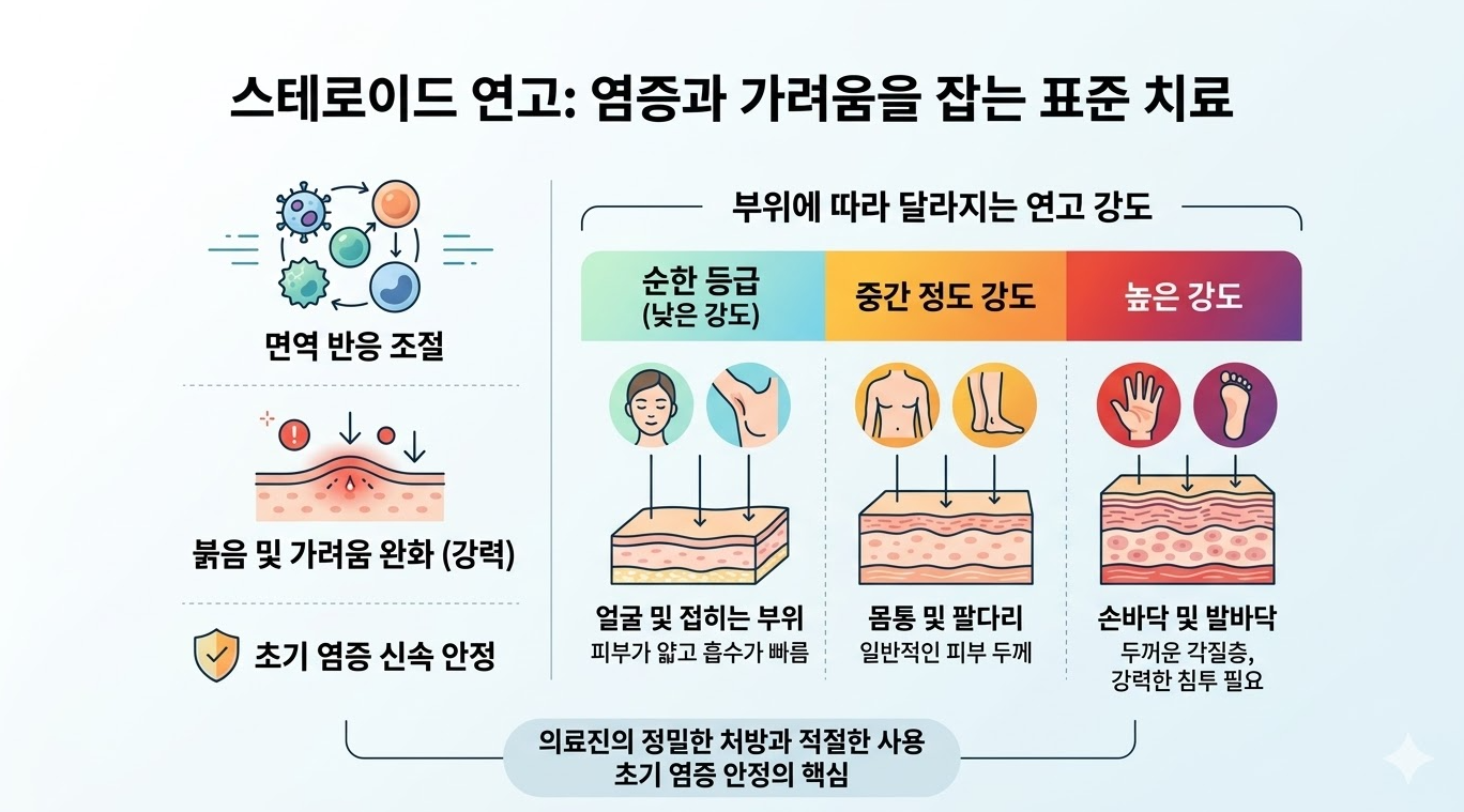스테로이드 연고 역할 인포그래픽: 염증과 가려움 완화 및 부위별 연고 강도 차이