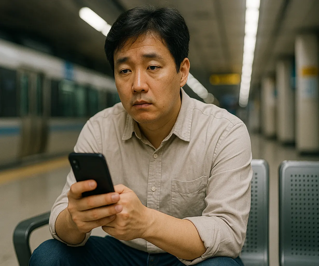 지하철에서 넋을 놓고 앉아 있는 40대 쏘카 핸들러