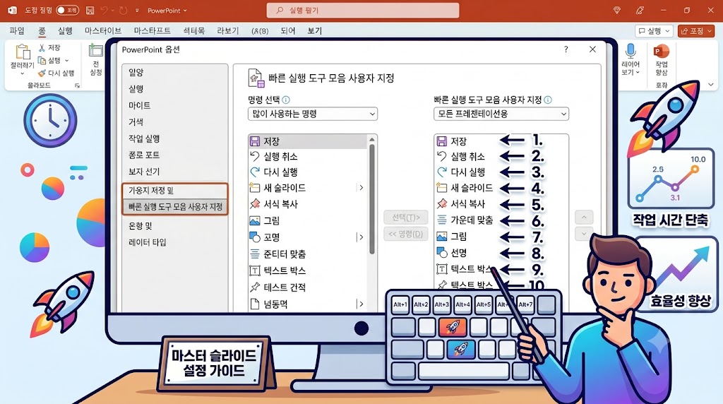 파워포인트 옵션 창에서 빠른 실행 도구 모음 명령을 추가하고 순서를 지정하는 인터페이스