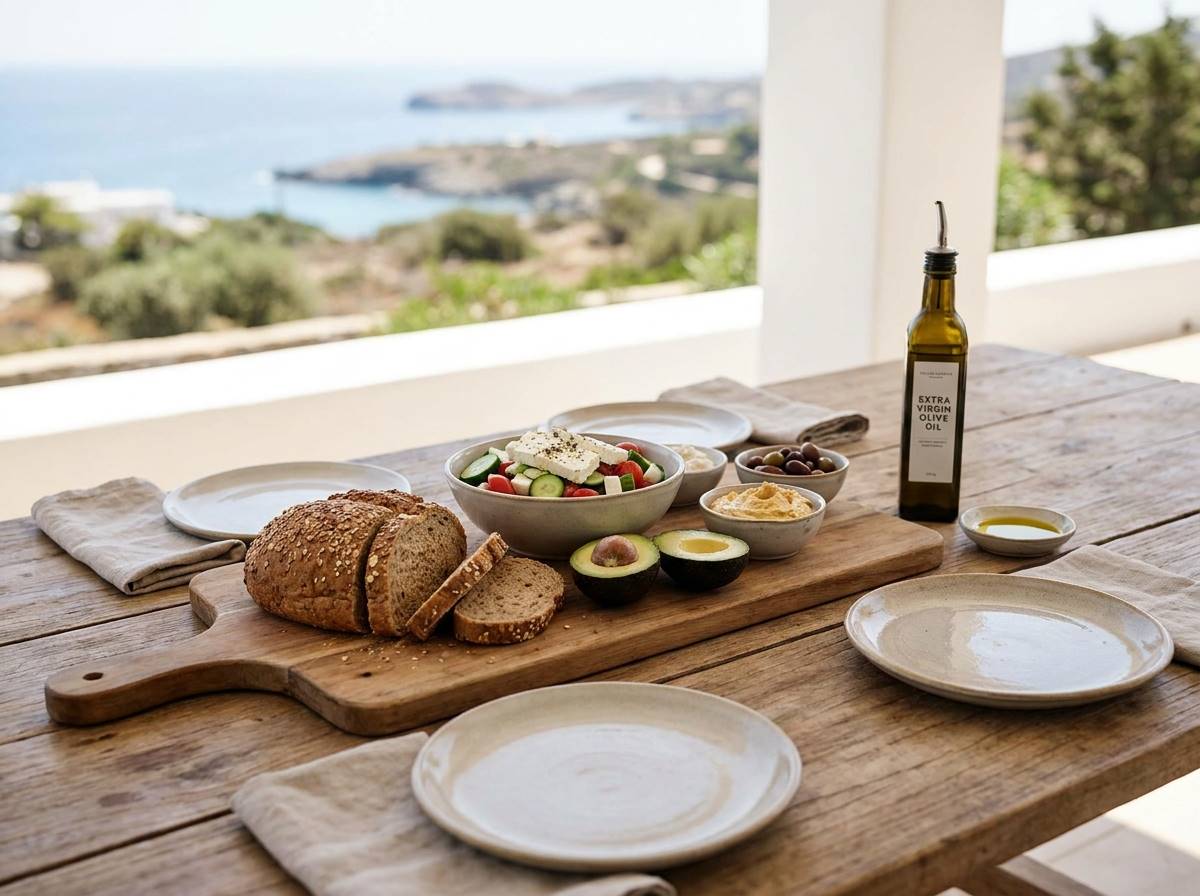 정갈하게 차려진 지중해식 식단, 통곡물 빵, 아보카도, 신선한 샐러드, 올리브유가 놓인 식탁