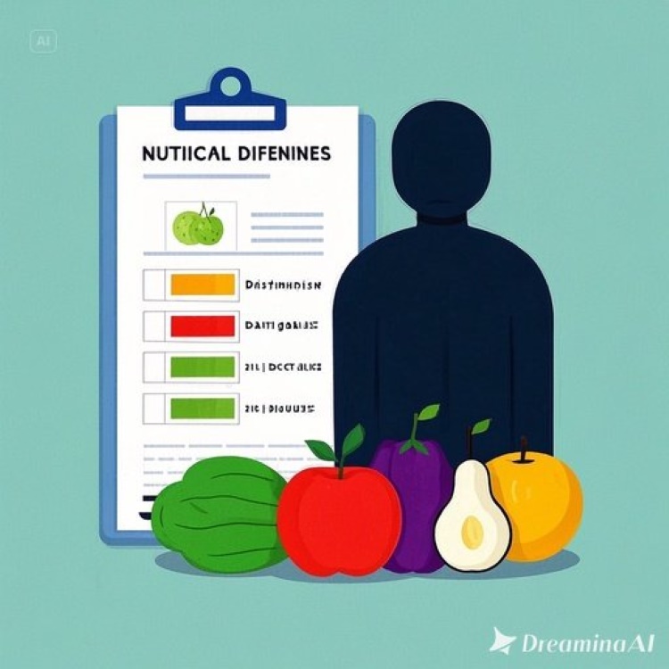 한쪽에는 다양한 채소와 과일이 있고, 다른 쪽에는 우울해 보이는 사람의 실루엣과 함께 영양결핍을 나타내는 의료 차트가 표시된 대비 이미지. 과학적이고 경고의 메시지를 전달하는 차분한 색조의 인포그래픽.