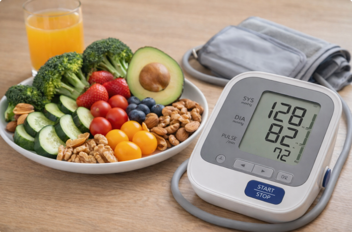 혈압계와 채소·과일·견과류가 함께 놓인 고혈압 관리 식단 이미지