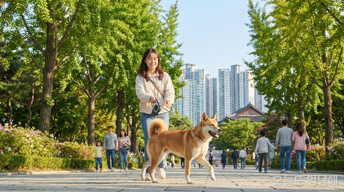 한국인 보호자와 함께 공원에서 산책하는 건강한 진돗개