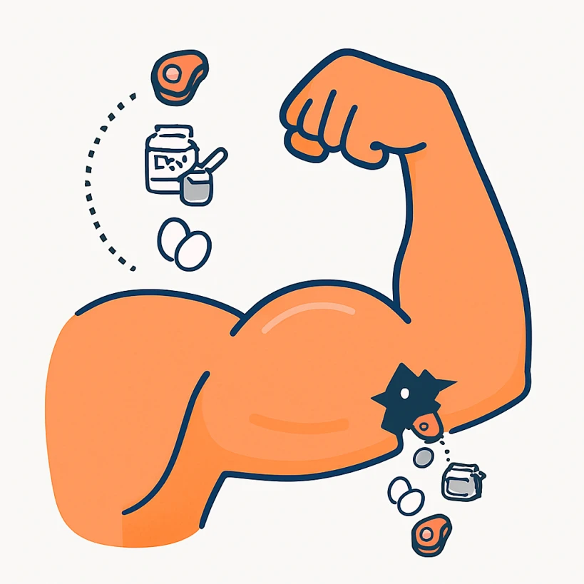 단백질이 새어 나가는 구멍이 있는 근육질 팔의 개념적 일러스트레이션으로, 단백질 섭취가 유지되지 않으면 지속적인 근육 손실이 발생함을 나타냄.