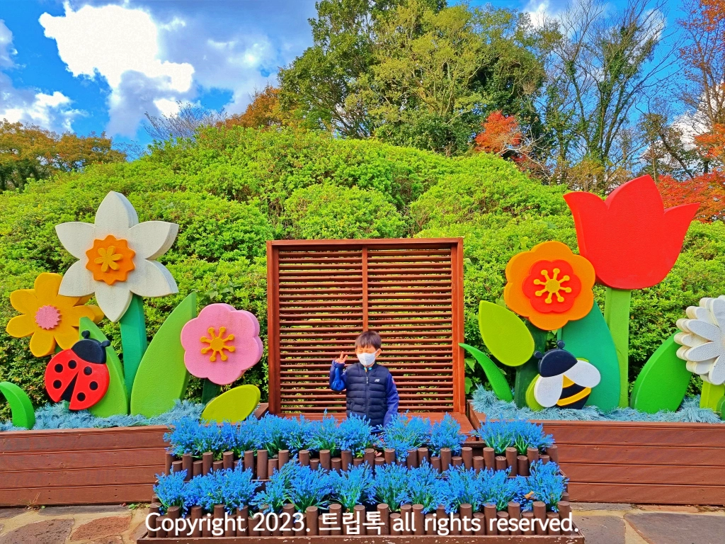 나무로 만든 커다란 꽃과 무당벌레 조형물 앞에서 사진찍는 아이