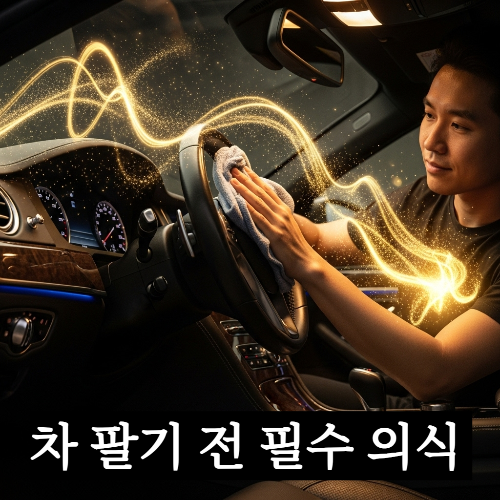 환한 햇살이 비치는 야외에서 한 운전자가 세련된 세단의 실내를 정성스럽게 닦고 있는 모습. 운전자의 손길이 닿는 시트와 핸들에서 황금빛 입자들이 모여들어 운전자의 몸으로 흡수되는 신비로운 에너지 회수 과정을 시각적으로 묘사한 사진