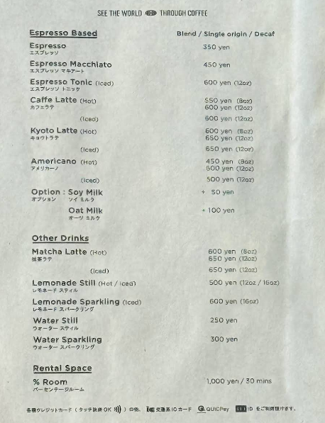 커피 및 음료 메뉴표. 흰색에 검은색 글씨로 작성되어 있다. 