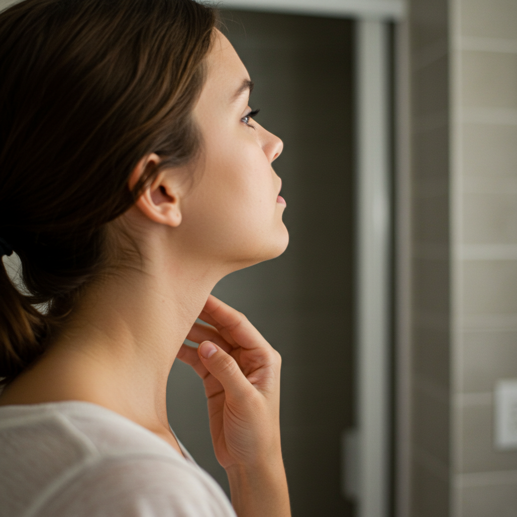 [이미지2] 목의 혹을 만져보는 젊은 여성의 모습. 거울 앞에 선 여성이 한 손으로 목 앞부분을 조심스럽게 만져보며 혹이나 붓기가 있는지 확인하고 있다. 배경은 밝고 깔끔한 화장실이다.