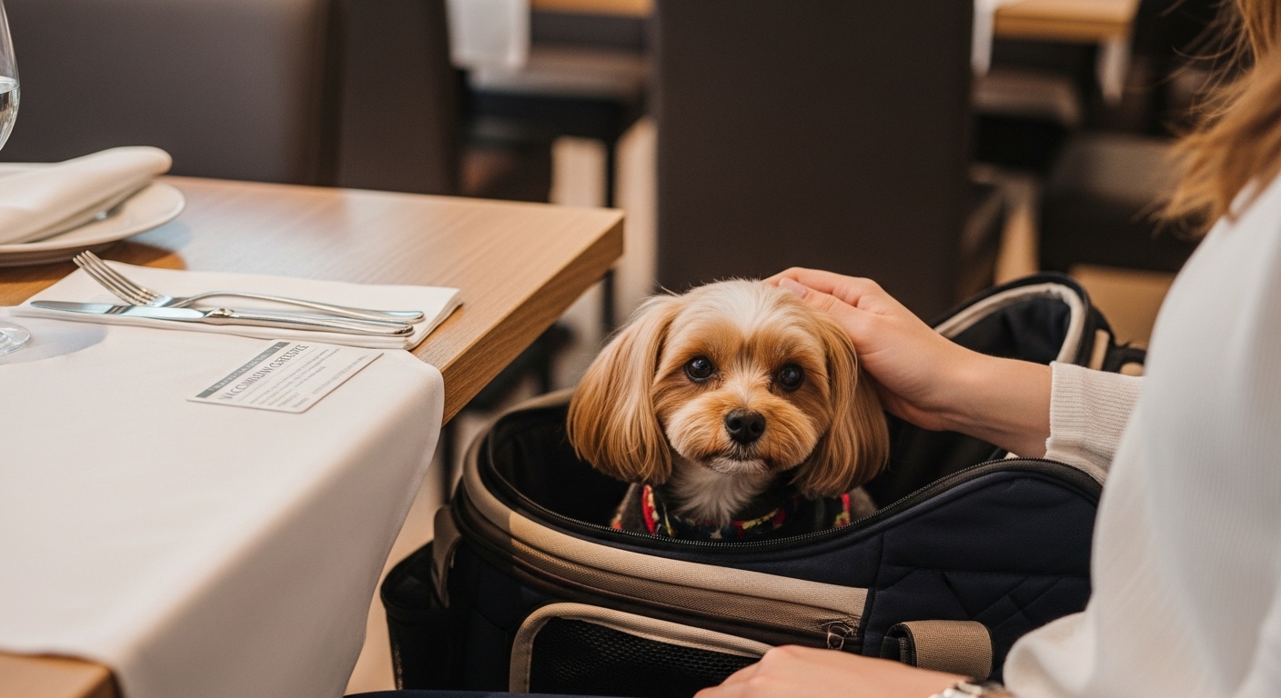 음식점 전용 의자나 케이지에 앉아있는 반려견과 예방접종 증명서. 반려인의 책임감 있는 펫티켓을 보여준다.