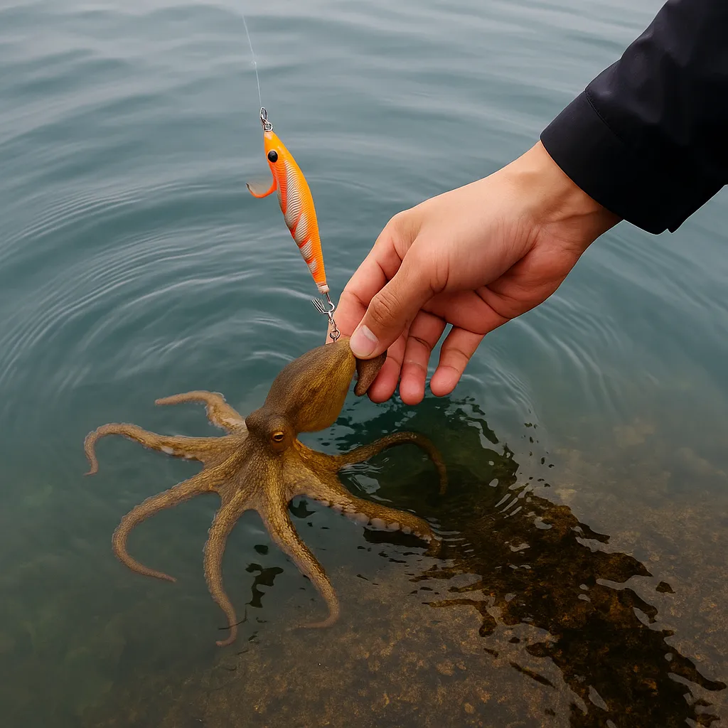 낚시인이 에깅 채비로 걸린 낙지를 방류하는 장면