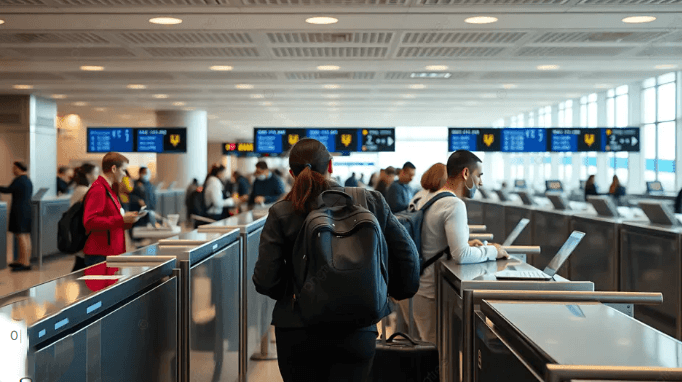 스마트폰으로 전자여권 정보를 확인하는 여행자와 공항 출국장에서 수속 중인 사람들의 모습, 전자여권 발급 후 여행 출국 준비를 상징하는 이미지