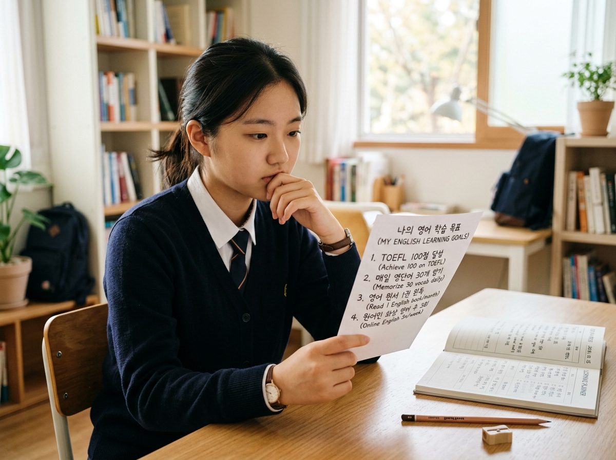 자신의 영어 학습 목표를 다시 확인하는 고등학생