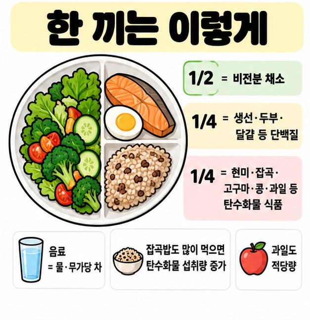 접시 절반은 비전분 채소 4분의 1은 단백질 4분의 1은 탄수화물로 구성하는 당뇨 식사 카드